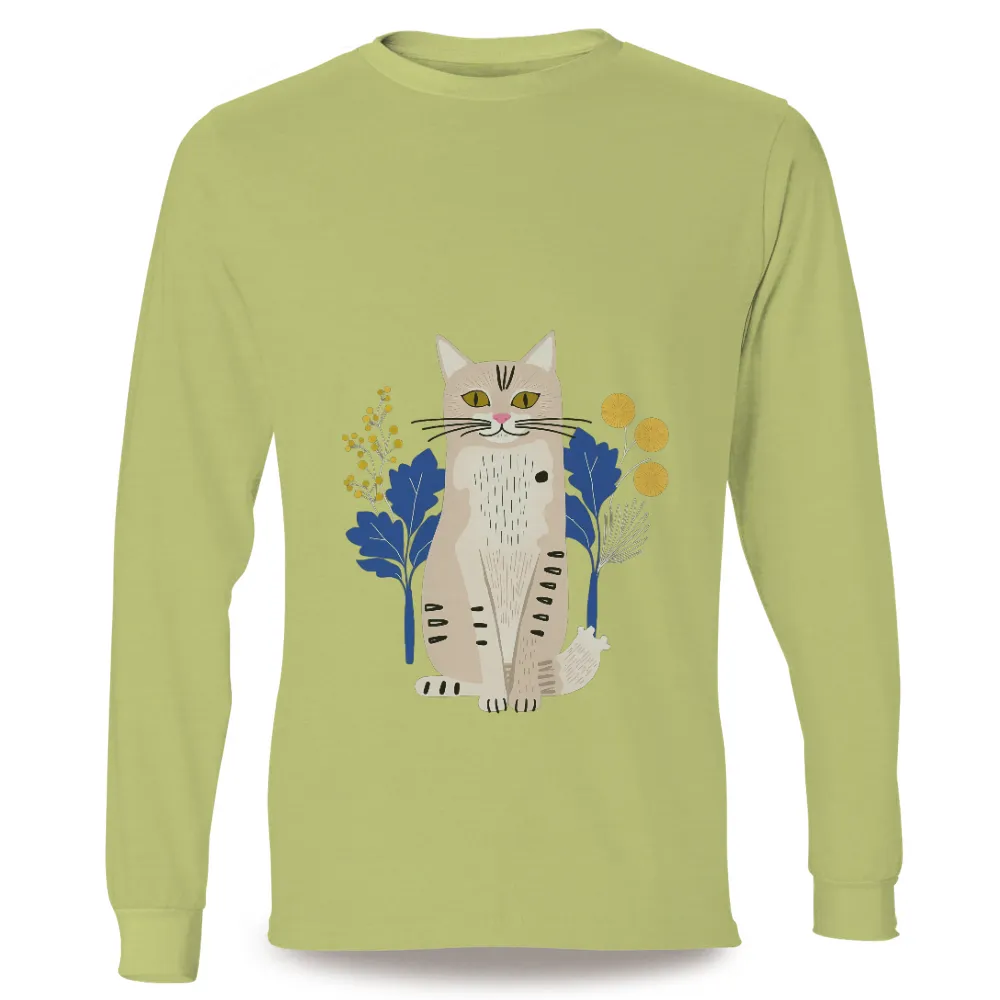 Customized Tee Shirts: Serene Cat Among Flowers| Yellow berries