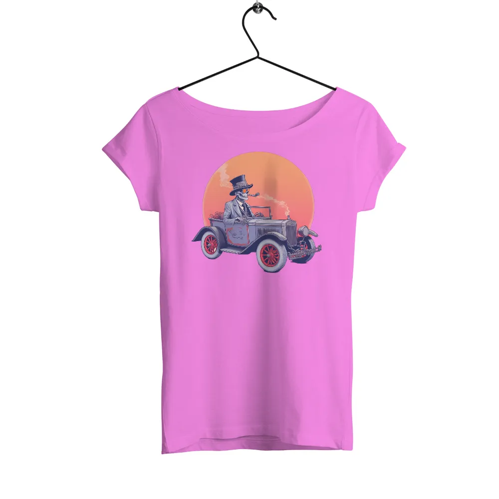 Vintage Skeleton Design with Classic Car and Warm Orange Sun|skeleton hands rainbow shirt