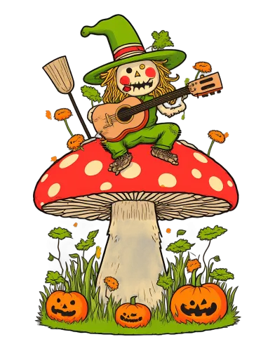 T-Shirts Pattern: Whimsical Scarecrow Playing Guitar on Mushroom