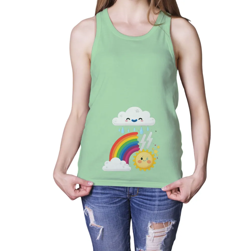 Graphic Tees: Harmony of Clouds and Suns - Cheerful Rainbow Design|roblox t shirt bacon rainbow