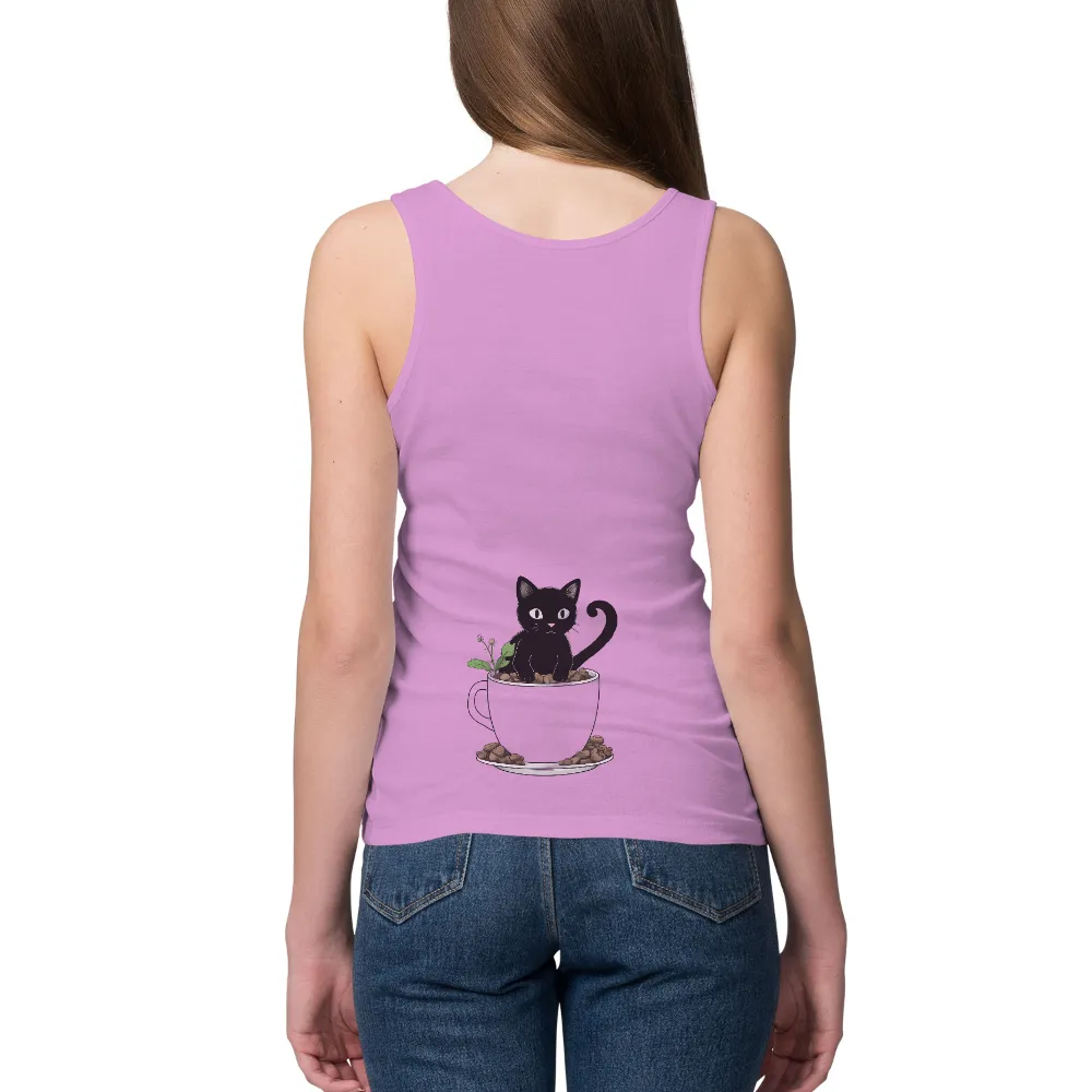 TShirt Printing: Whimsical Black Cat in a Coffee Cup - Artistic Designs|a fun thing to do in the morning shirt