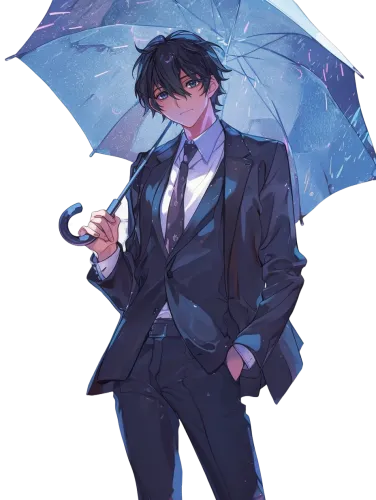 Tsukasa in a dark suit with an umbrella - plastic memories tsukasa