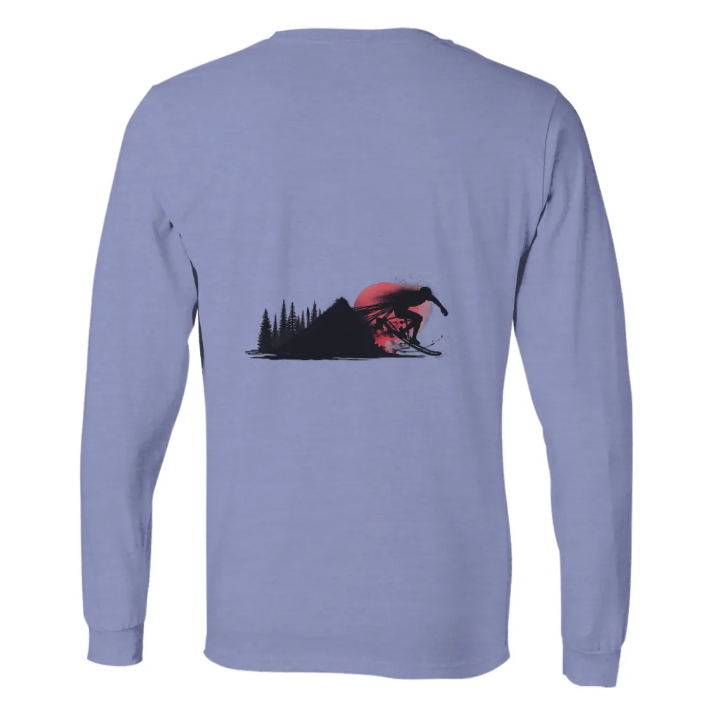 Custom T-Shirt Printing: Skier Soaring Against Red Moon| dark forested landscape