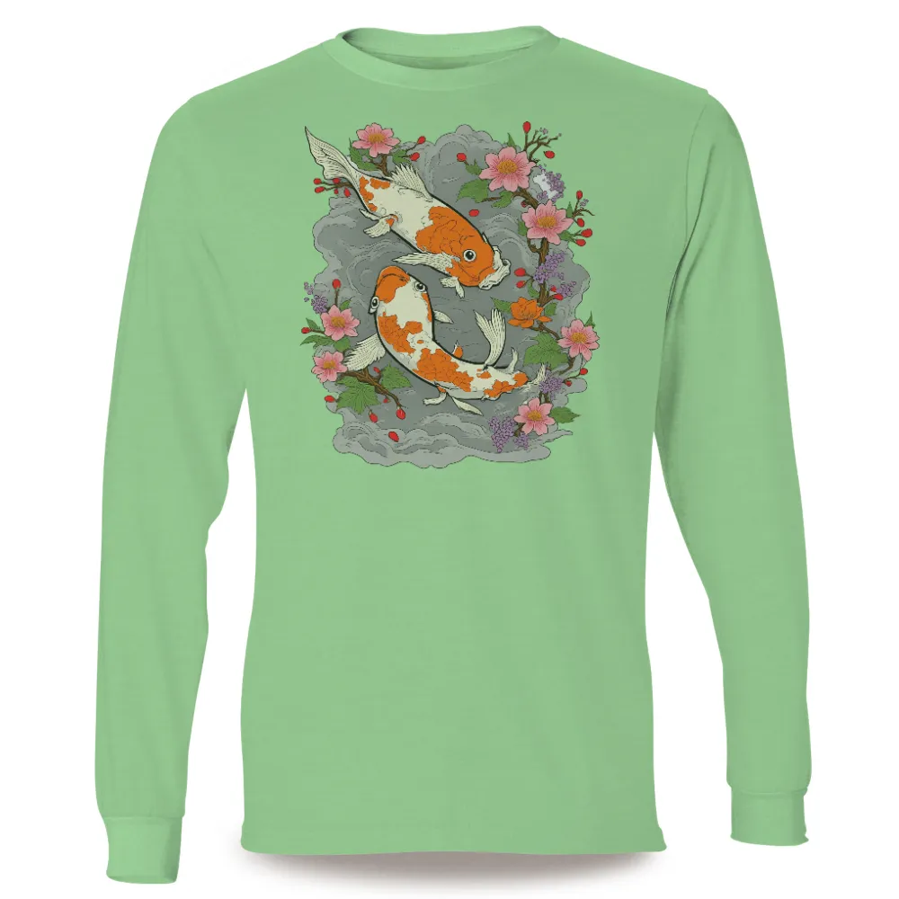 Custom Tee Shirts: Koi Fish Harmony Amidst Cherry Blossoms|t shirt painting on nature