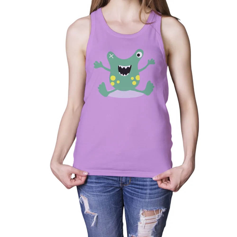 T-Shirts Design: Meet Zippy, the Whimsical Monster|cartoon with green shirt