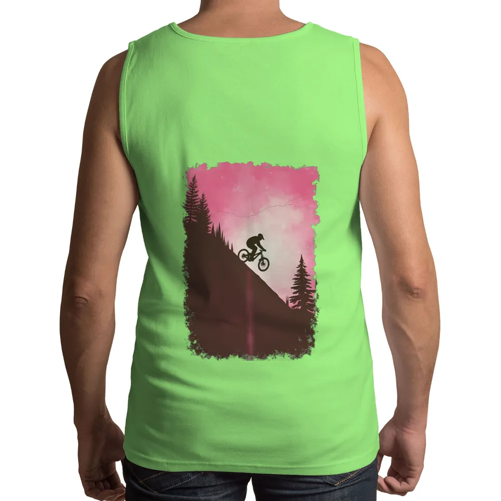 Customized Tee Shirts: Mountain Biking Adventure in Pink Sky| adventure and freedom