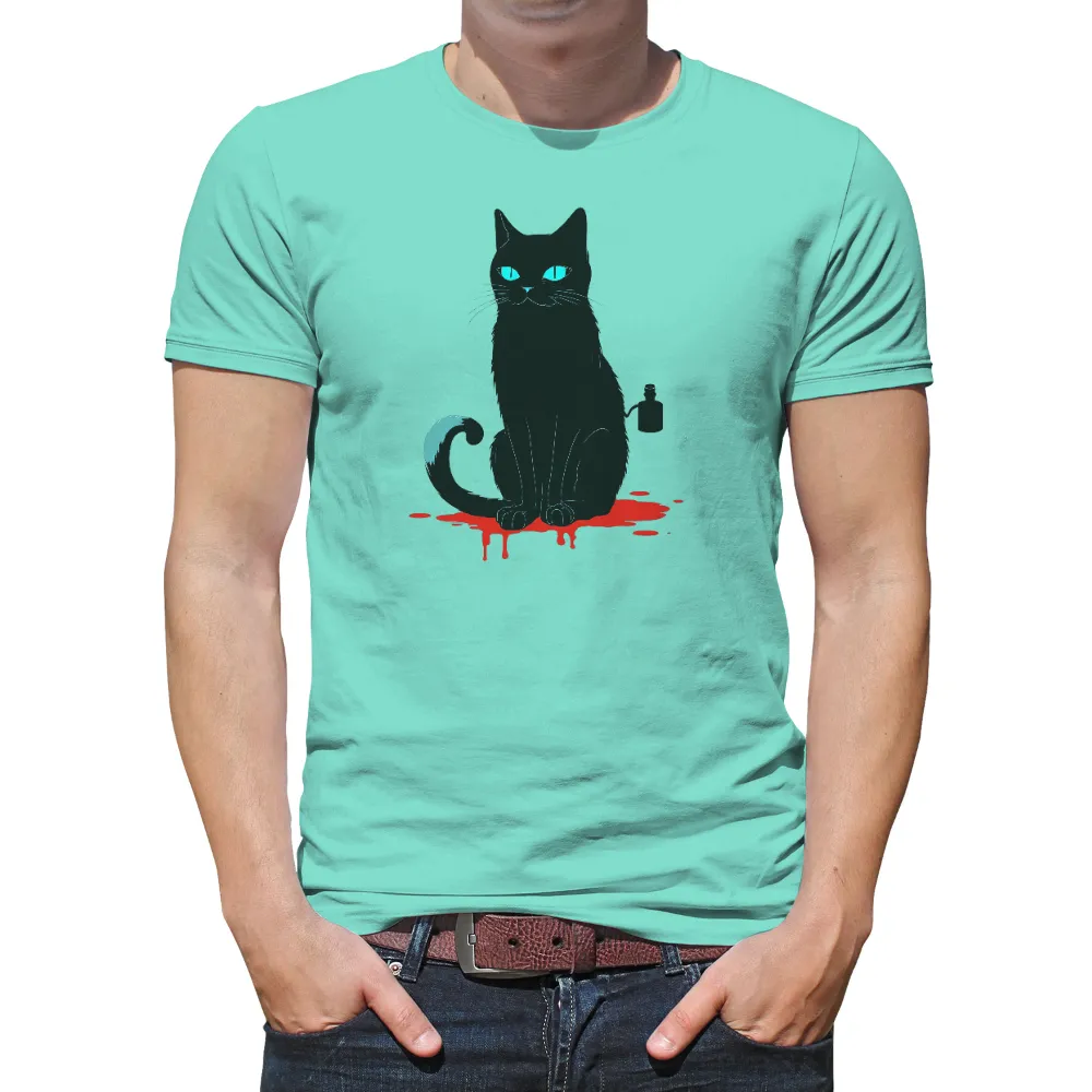 Tee Shirt Printing: Midnight's Secrets - Black Cat with Glowing Eyes and Blood|t shirt roblox blood