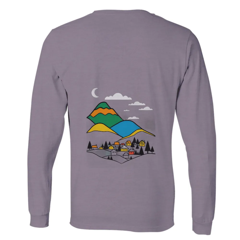 Mountain Village Night Scene T-Shirt Printing | Artistic Designs| Crescent Moon Over Mountains