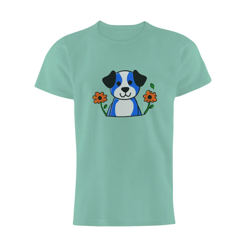 Tee Shirt Printing: Adorable Puppy in Pocket with Orange Flowers|banksy joy millward