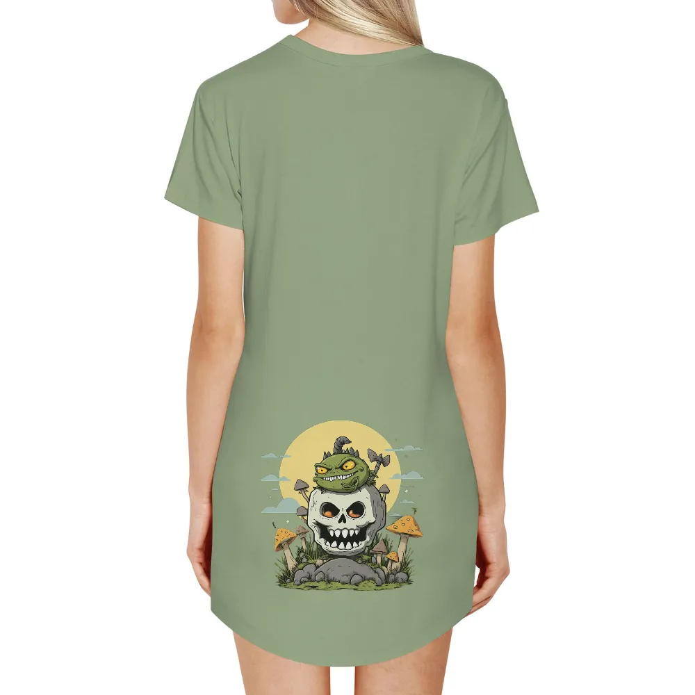 TShirt Design: Whimsical Skull and Green Creature in the Forest|essentials fear of god dark oatmeal long sleeve t shirt