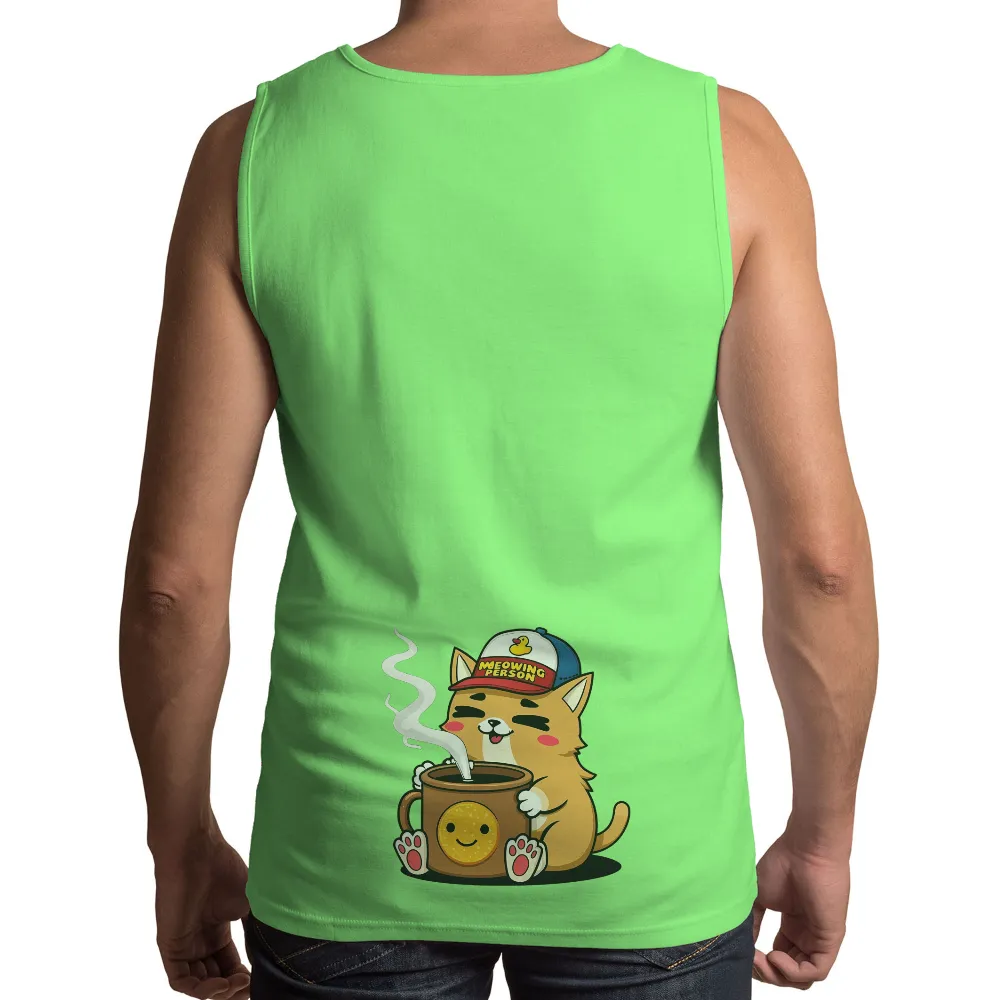 TShirt Printing: Meowing Person Cat Enjoying Coffee| Happy cat with a smiley face mug