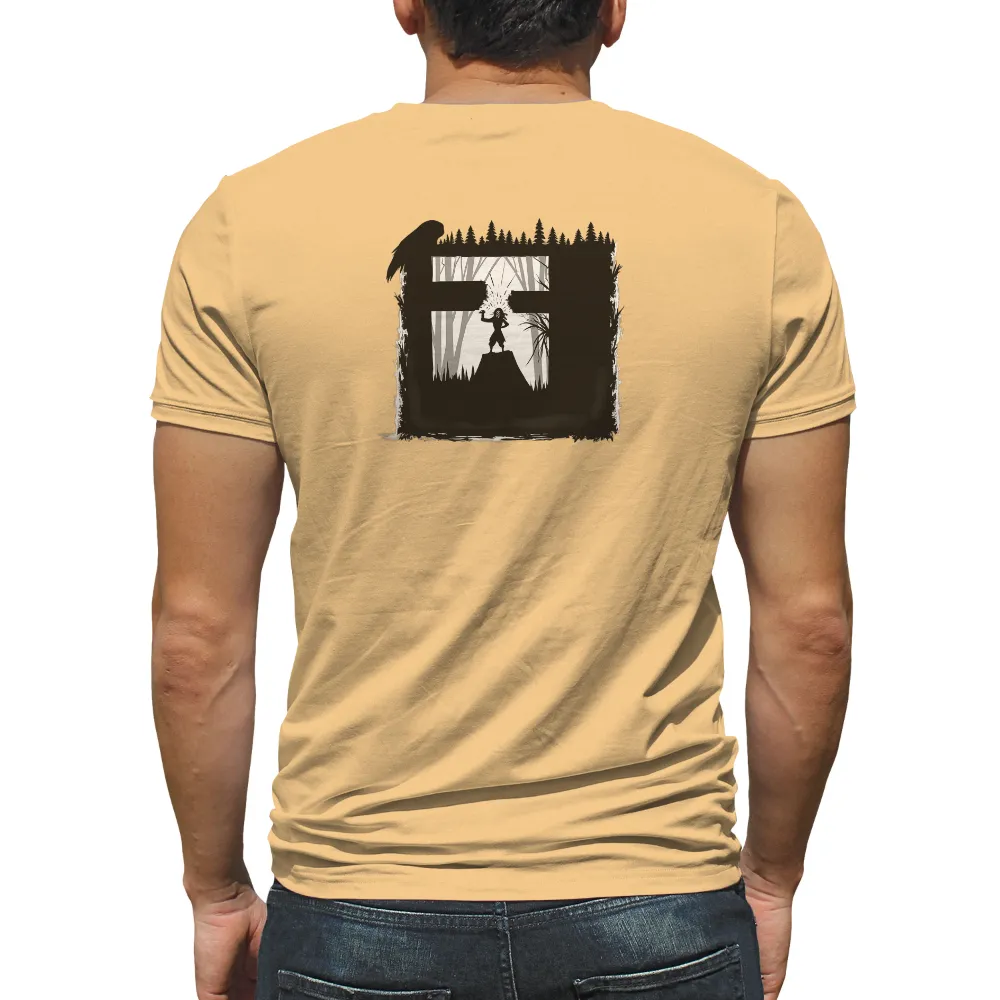 TShirt Design: Warrior's Triumph in the Mystic Forest|reign forest fronds camp shirt