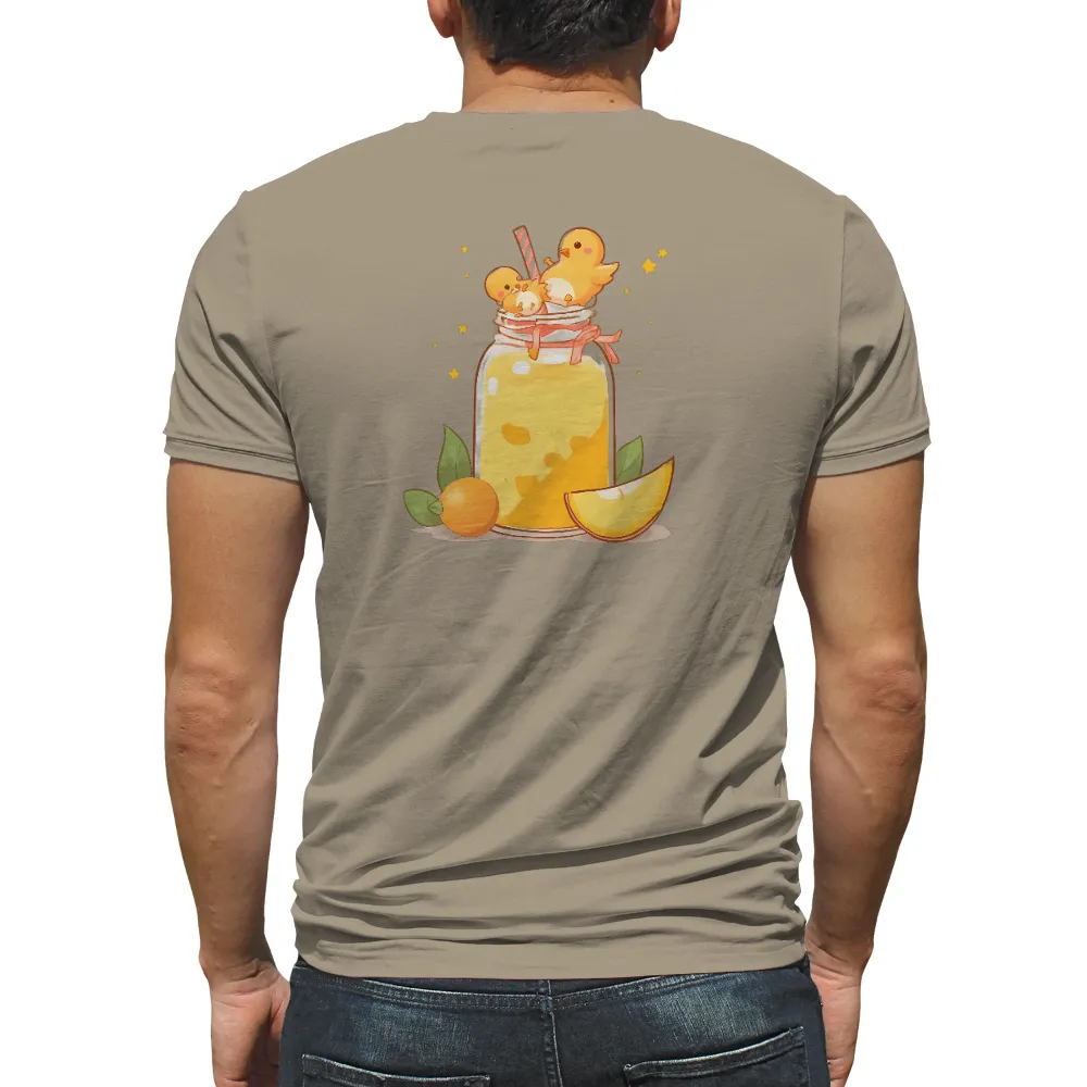 Custom Tee Shirts: Whimsical Orange Juice Jar with Chicks| striped straw