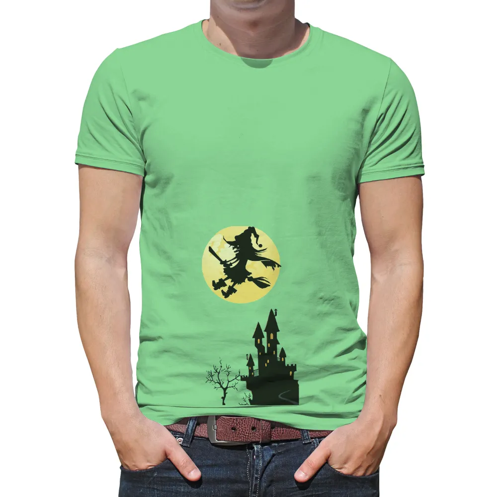 Tee Shirts Printed: Witch Flying Over Castle Under Full Moon|final fantasy 35th anniversary t shirt