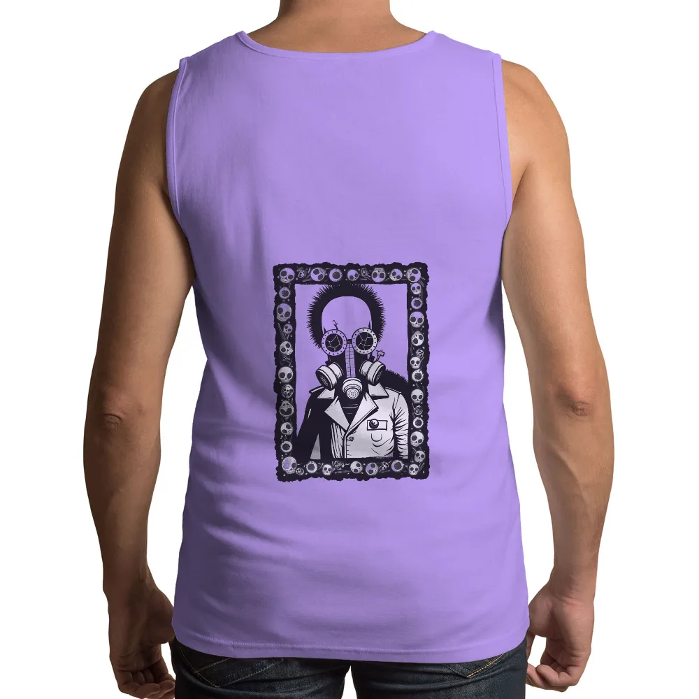 Graphic Tees: Dark Cyberpunk Figure with Gas Mask and Skulls| Haunting dark design