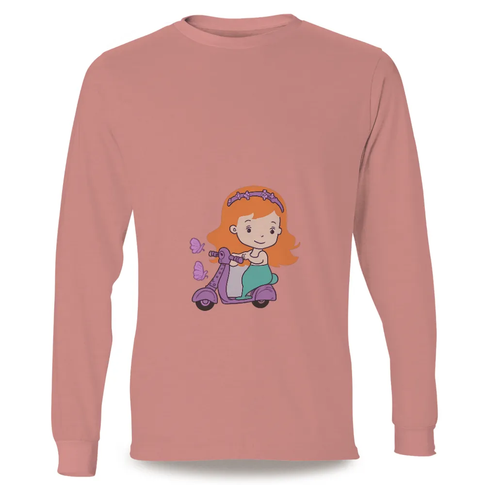 Tee Shirt Printing: Whimsical Girl on Scooter with Butterflies|Girl riding a scooter