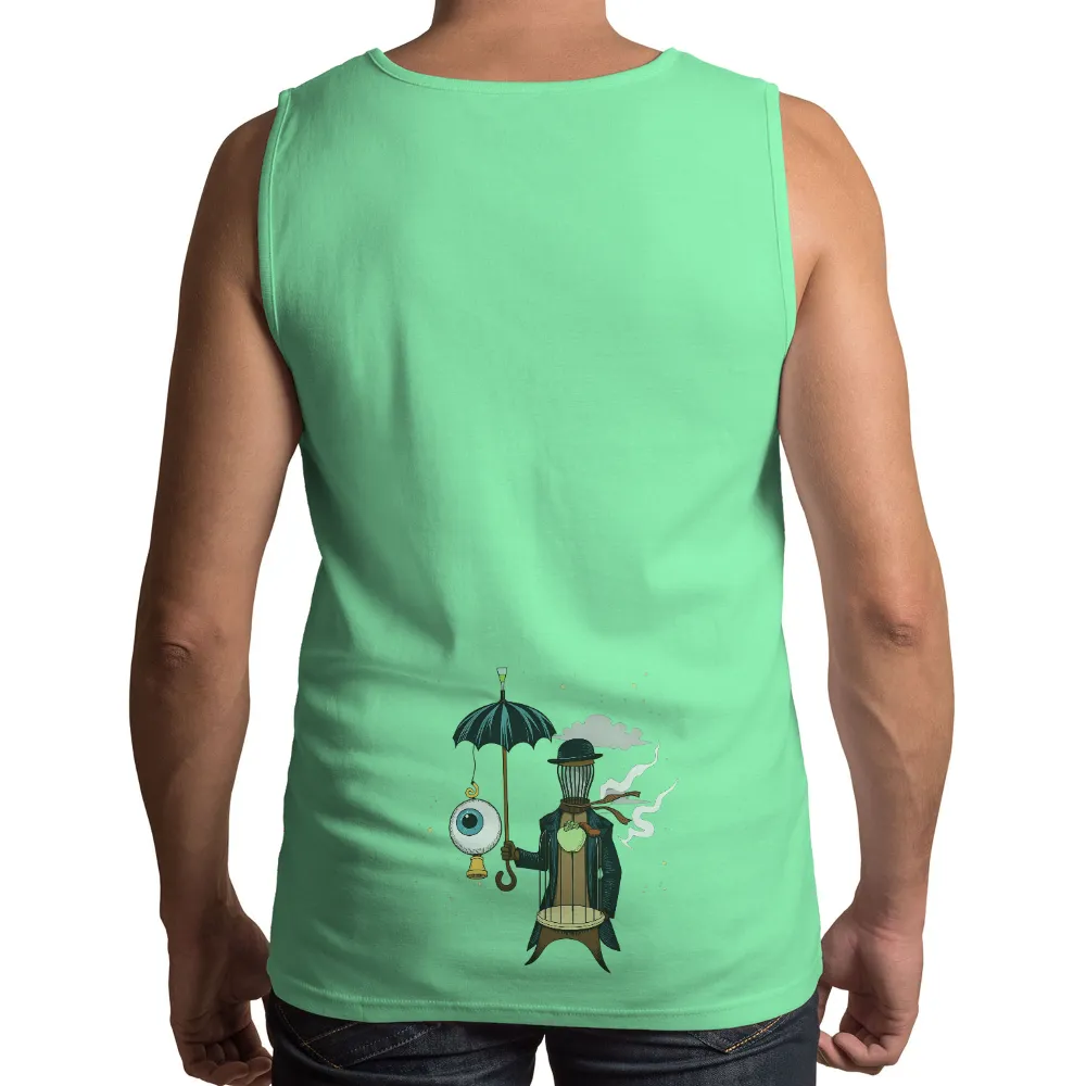 Shirts Graphic Tees: Enigmatic Figure with Glowing Eye Umbrella and Birdcage| birdcage