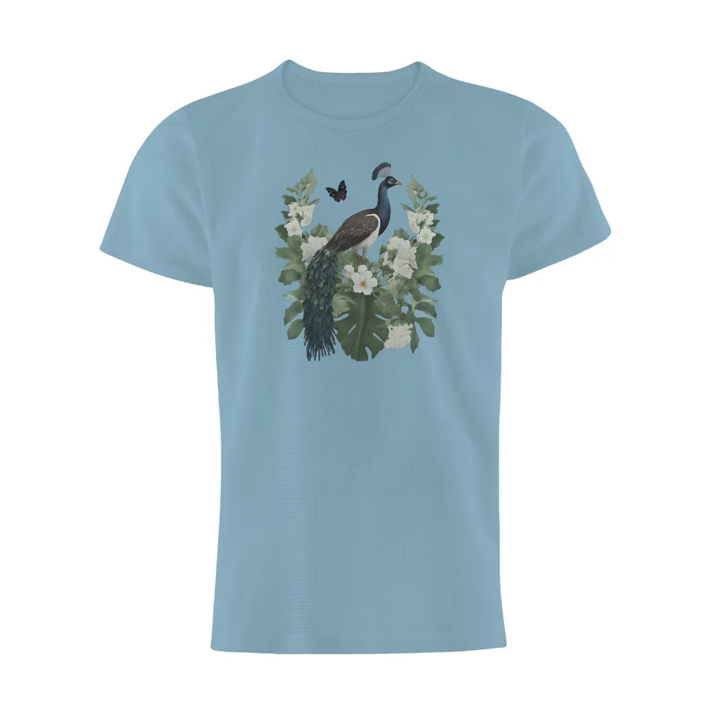 T-Shirt Printing: Majestic Peacock Amidst White Flowers and Green Leaves|butterfly t shirt light