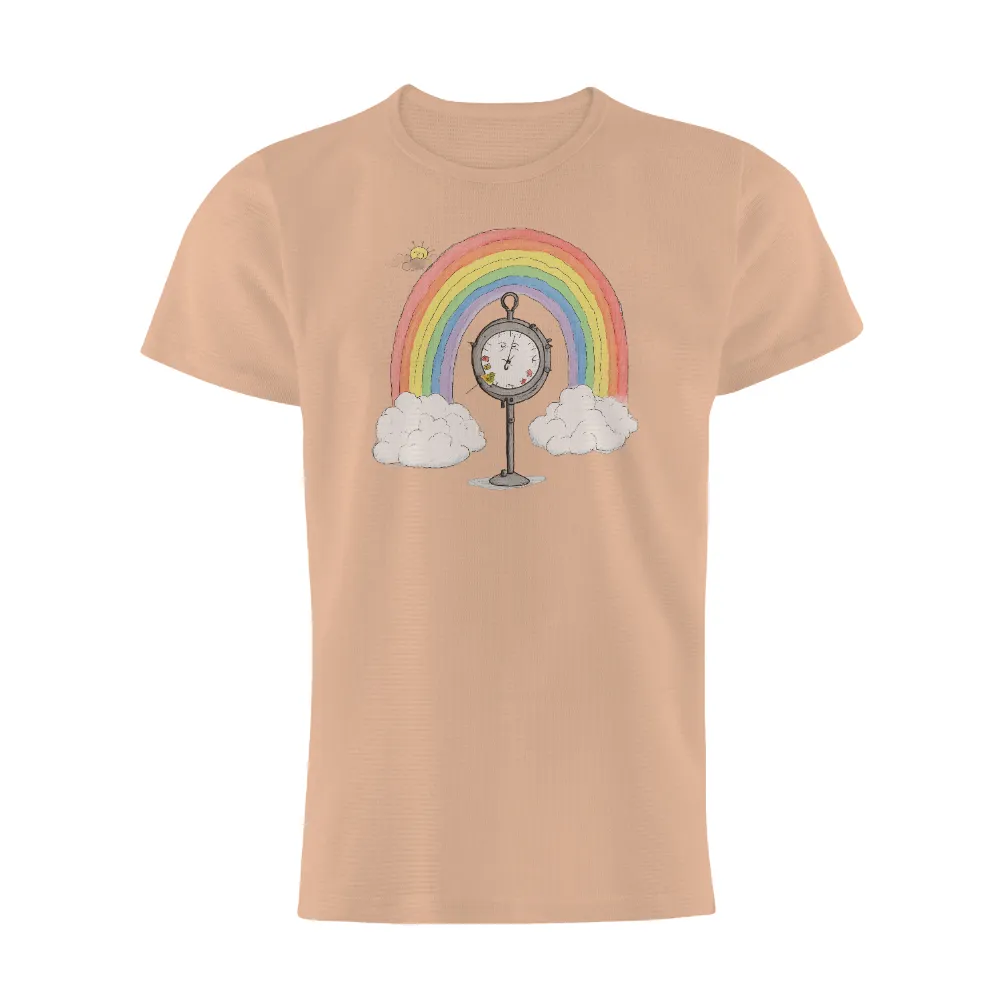 Tee Shirt Printing: Whimsical Clock & Rainbow - Life Theme T-Shirt| Fluffy clouds at both ends of the rainbow