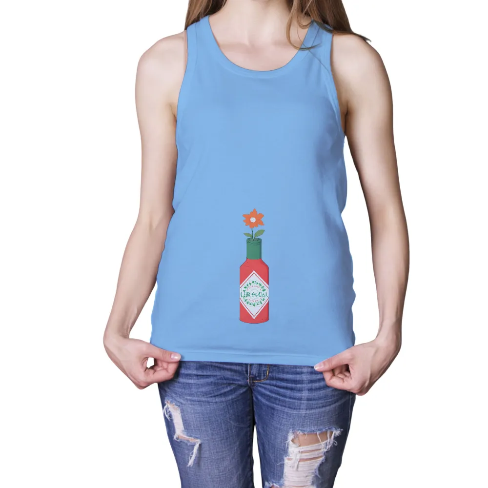 Custom T-Shirt Printing: Hot Sauce Bottle with Flower - Unexpected Beauty| green cap