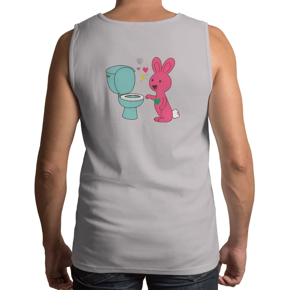 Custom Tee Shirts: Whimsical Pink Bunny with Green Heart and Blue Toilet| colorful hearts