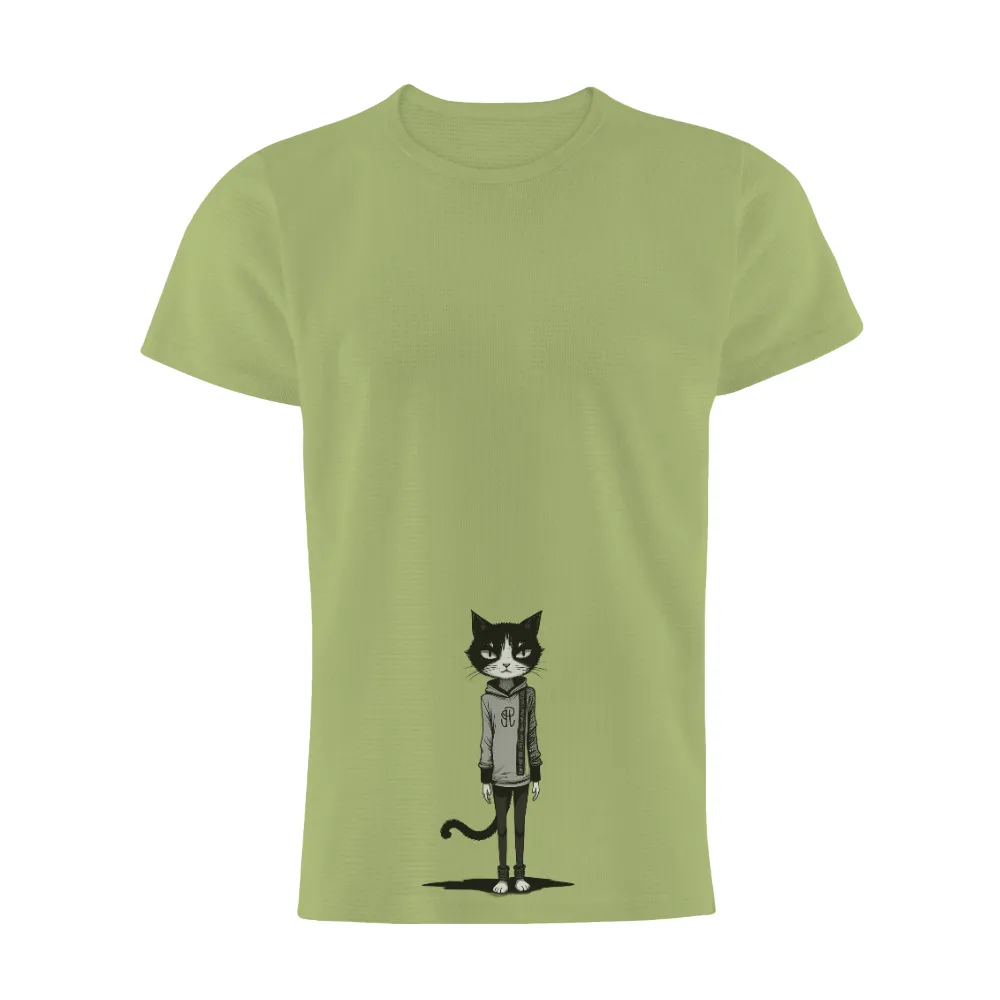 Tee Shirts Printed: Urban Cat in Contemporary Streetwear| Black and white cat in a hoodie