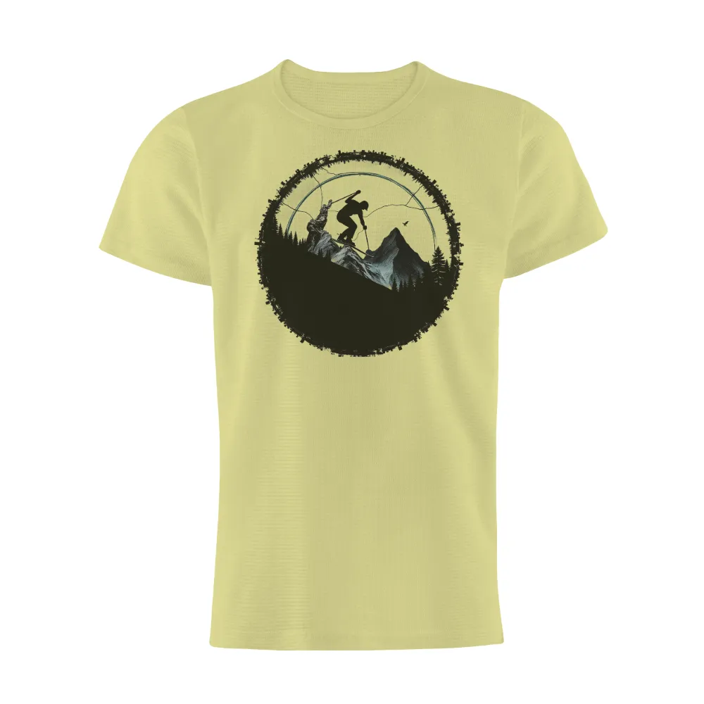 Custom Tee Shirts: Adventure Skier in the Mountains| dense forests