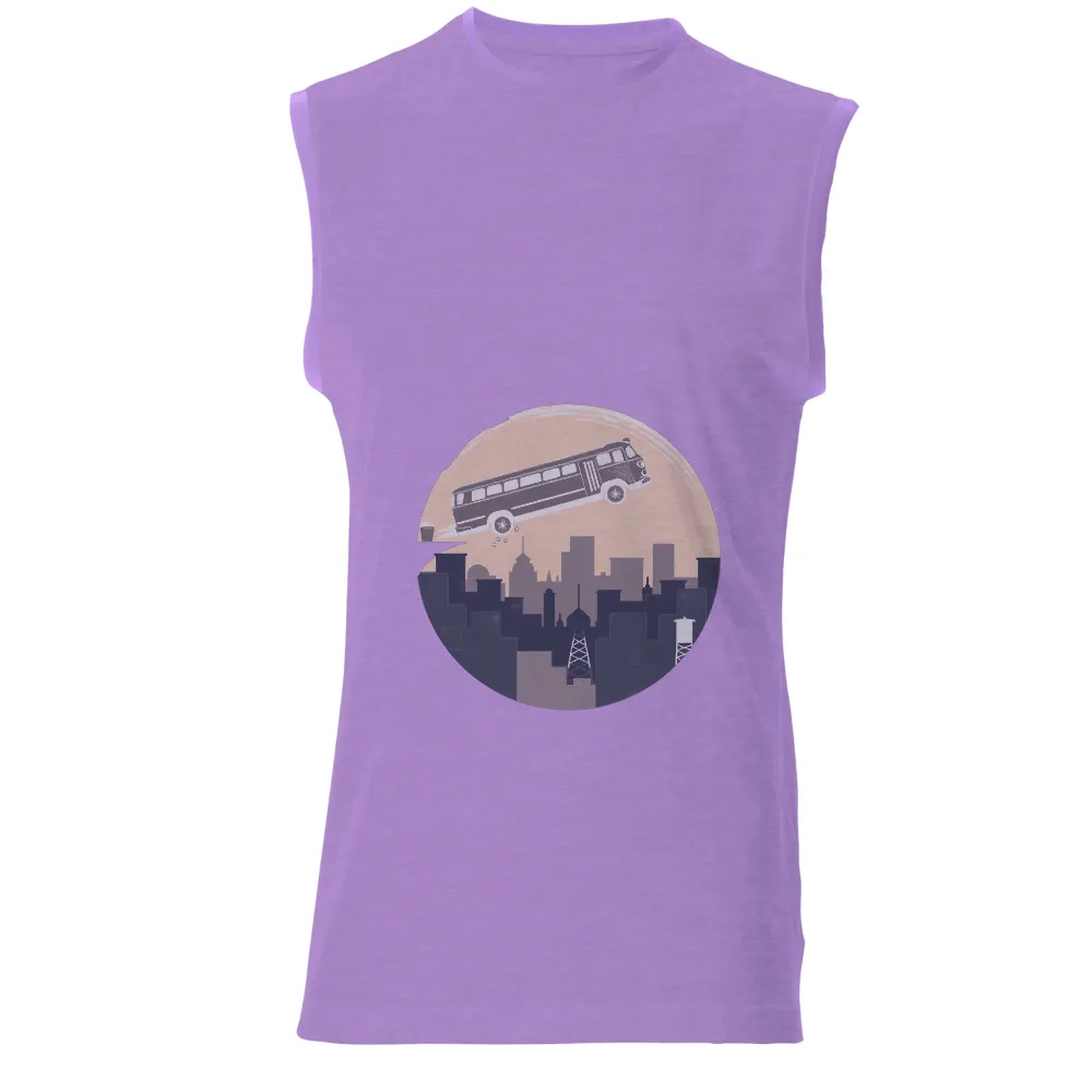 Custom T-Shirt Printing: Vintage Bus Soaring Over Cityscape|enes freedom t shirt