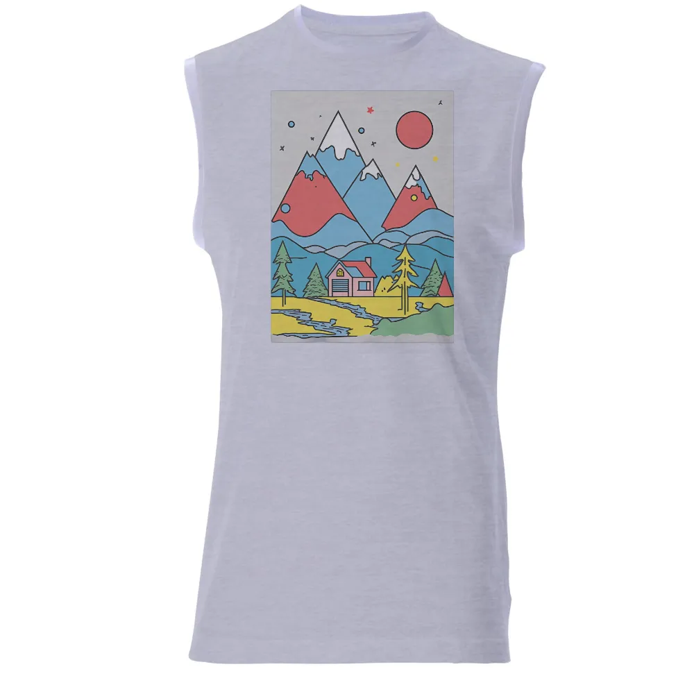 Mountain Nature Design: Serene Landscape with House, River, and Stars|peace love valentine shirt