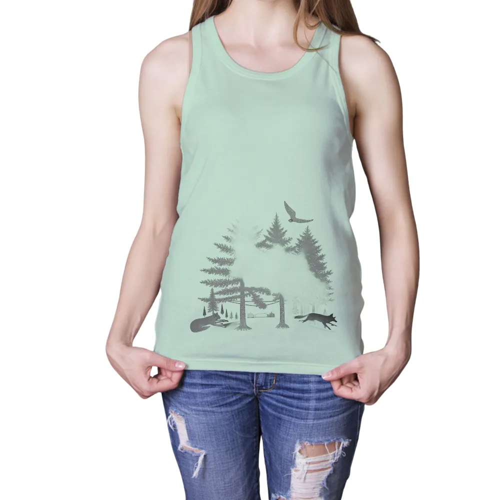 Tee Shirts Printed: Forest Harmony | Wolves, Cabin & Owl| Another wolf roaming freely