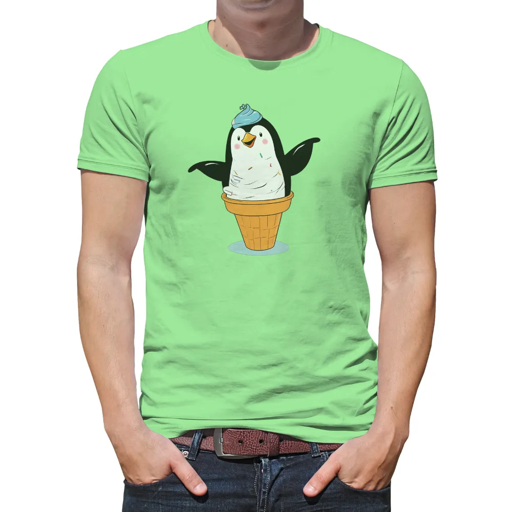 Tee Shirt Printing: Whimsical Penguin Ice Cream Cone - Funny & Colorful Design|summer shirts with 3 4 sleeves