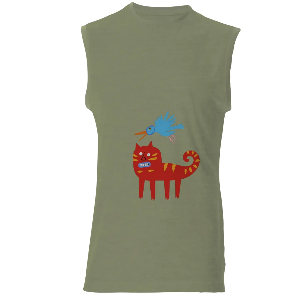 Custom T-Shirt Printing: Whimsical Red Cat and Blue Bird Friendship| Playful characters