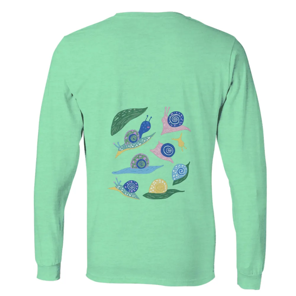 Tee Shirts Printed: Whimsical Snails in Colorful Patterns| Joyful snail with green shell