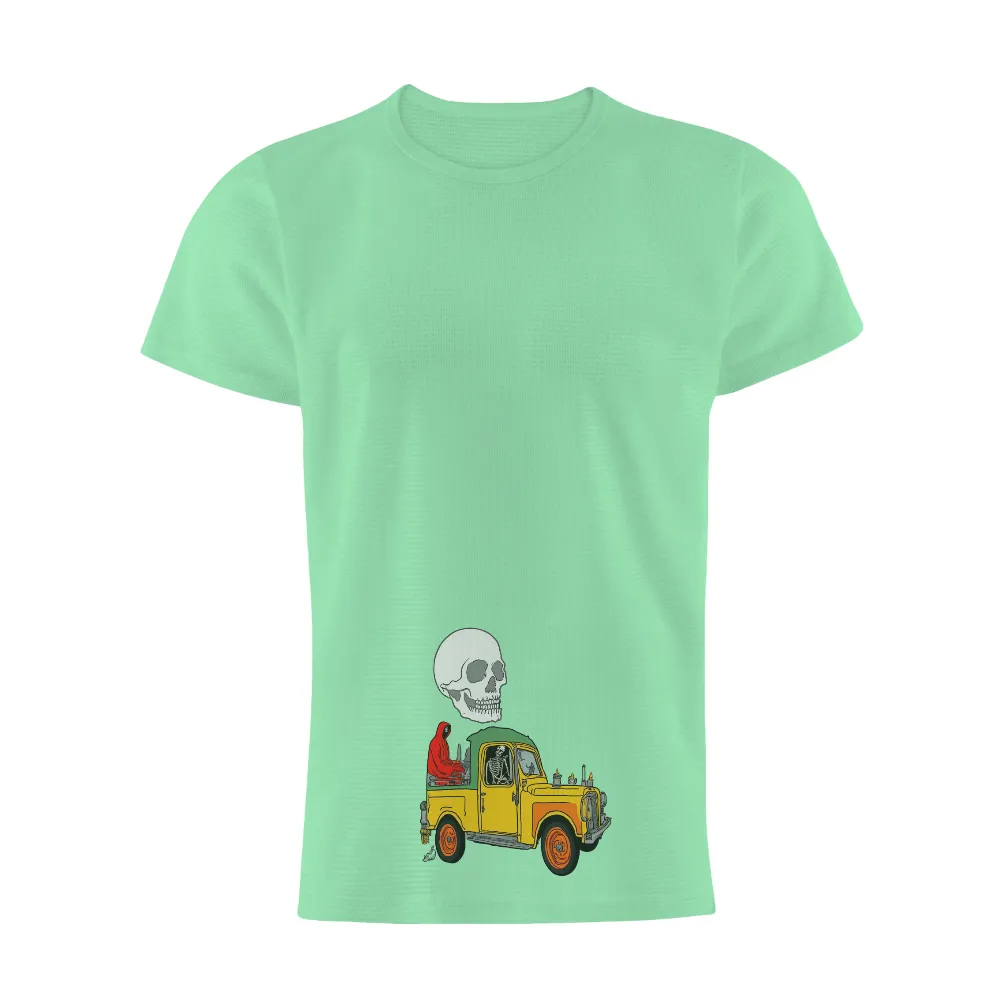 T-Shirts Pattern: Vintage Truck with Skeleton Driver and Red Cloaked Passenger|skeleton roblox t shirt