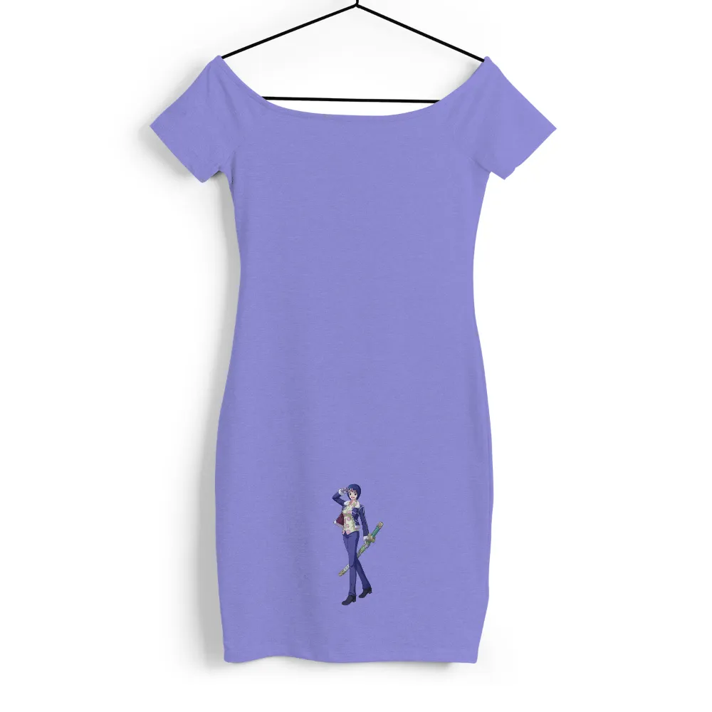 T-Shirts Design: Anime Character with Katana - Vibrant Colors and Confident Stance|blue shirt cartoon character