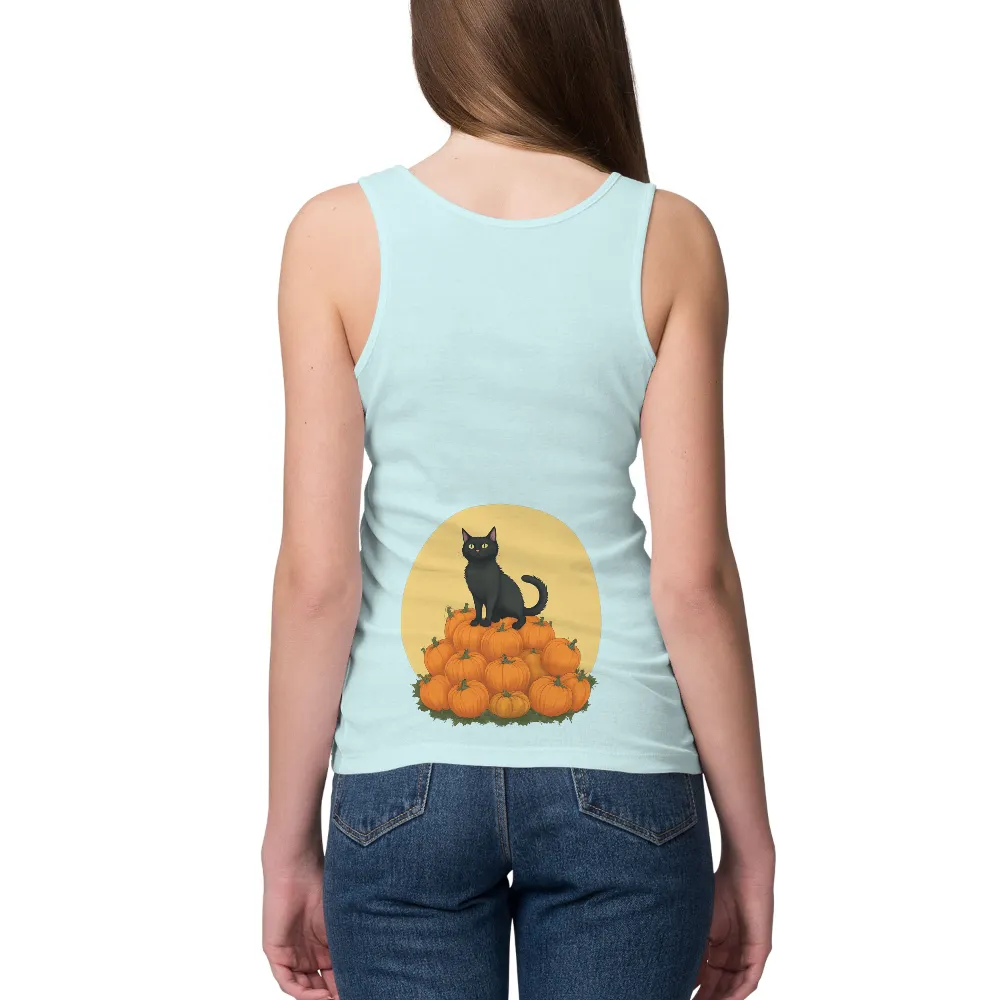 Tee Shirts Printed: Black Cat on Pumpkin Patch - Halloween Magic|sunlight magic print shirt