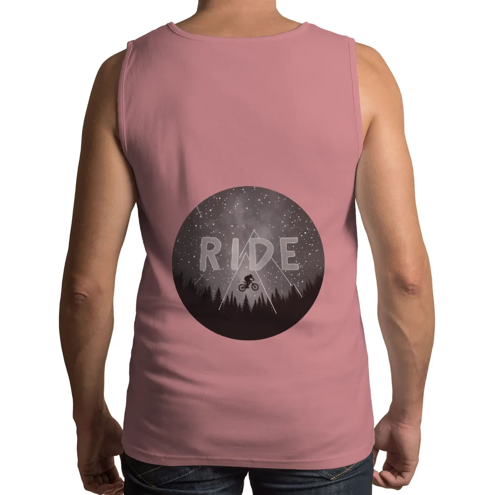 TShirt Design: Night Ride Adventure Under the Stars|Cyclist riding through a forest at night