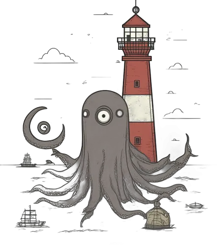 Mysterious Octopus Lighthouse Graphic: Vintage and Modern Maritime Art Merged