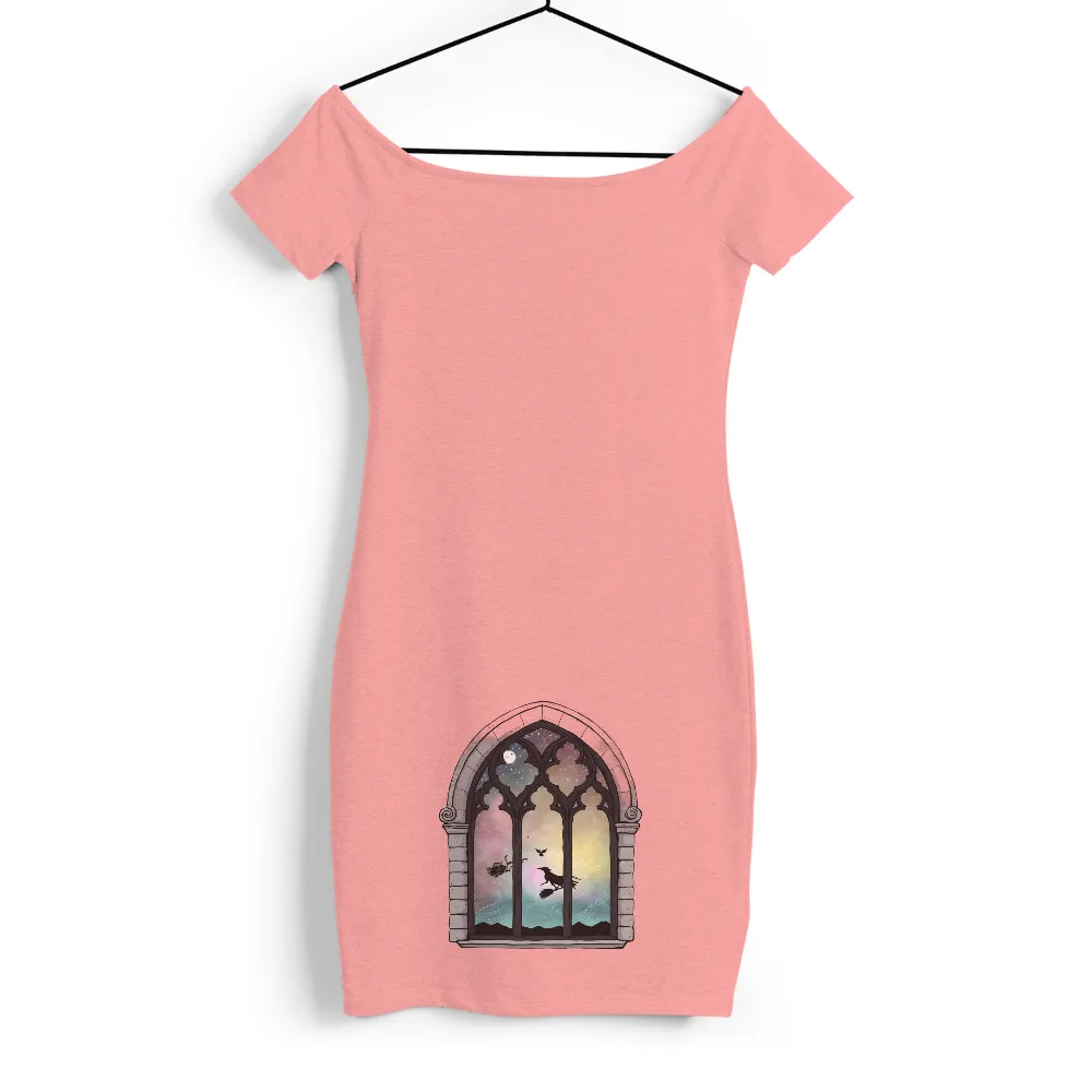 Custom T-Shirt Printing: Enchanted Gothic Window with Witch and Celestial Sky| raven