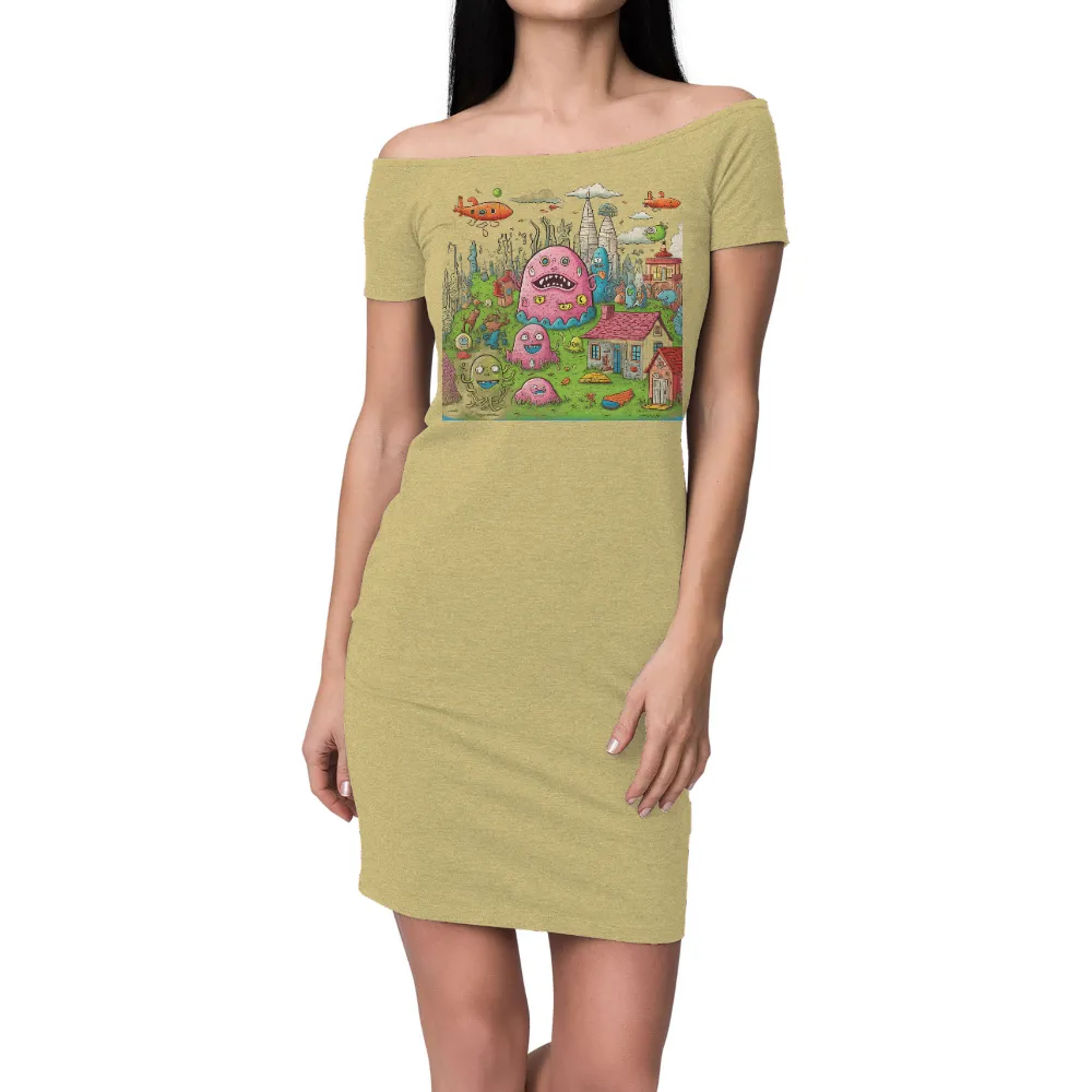 Custom T-Shirt Printing: Whimsical Village with Quirky Monsters|fantasy factory beer shirt