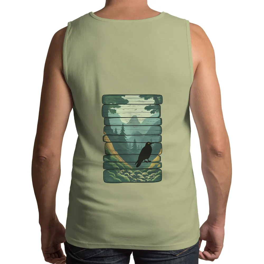 Tee Shirts Printed: Crow Silhouette on Wooden Fence| Mountain range in the background