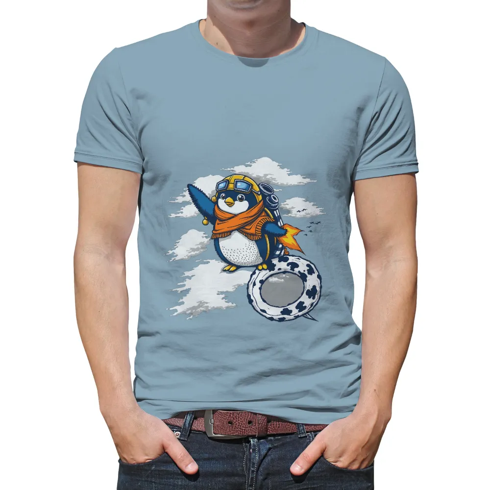 Custom Tee Shirts: Penguin Aviator Adventure| Determined penguin