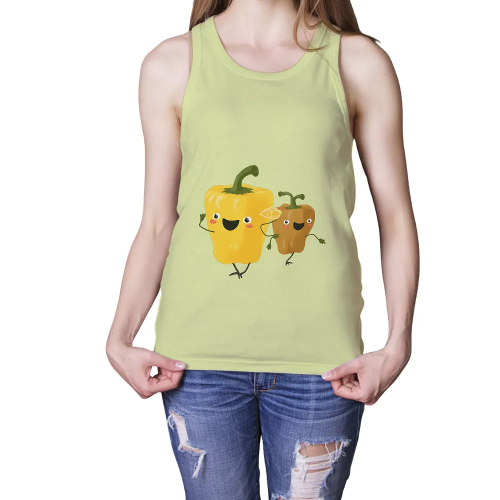 T-Shirts Custom: Sunny and Rusty - Whimsical Pepper Friends|big and tall red hot chili peppers shirt