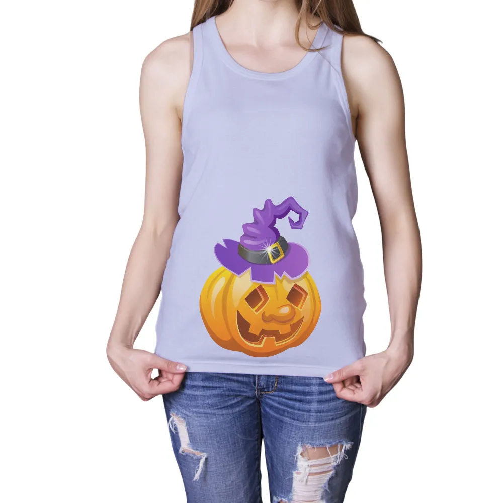 Custom Tee Shirts: Halloween Pumpkin with Witch Hat - Spooky & Playful Design|men halloween t shirts for adults