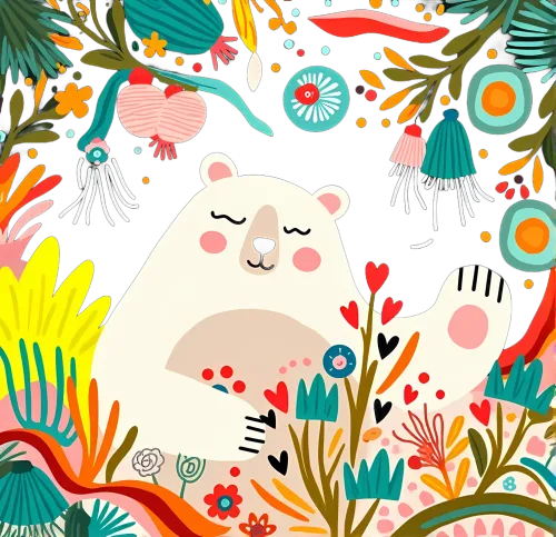 T-Shirts Custom: Whimsical White Bear in a Colorful Forest