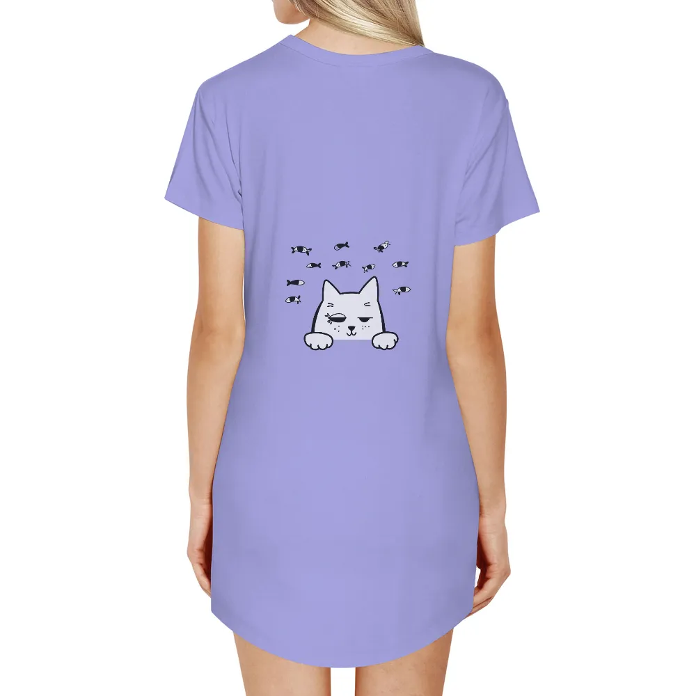 Graphic Tees: Playful White Cat with Fish - Whimsical Design|doja cat nasa