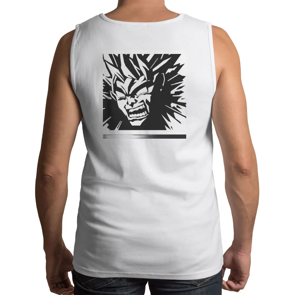 Customized Tee Shirts: Fierce Legendary Warrior Anime Design|Fierce warrior with spiky hair