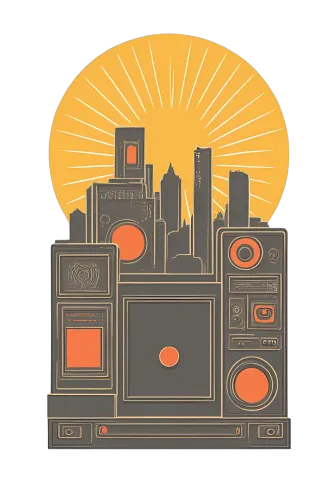 Retro Print Design: Vintage Boombox & City Skyline Nostalgia