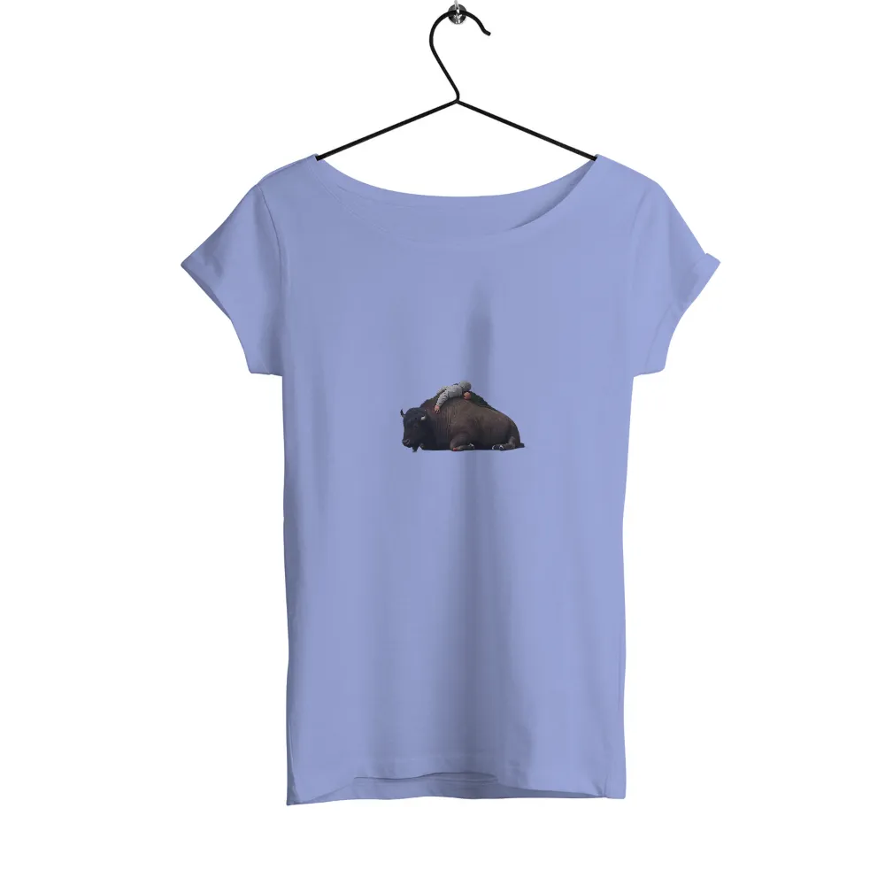 Tee Shirts Printed: Child and Bison - Nature's Harmony| bison with green grass