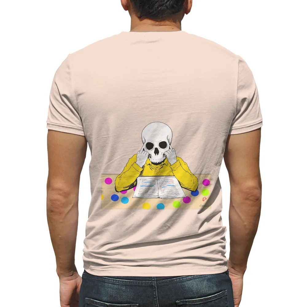 T-Shirts Custom: Skeleton Study - Whimsical Wisdom|monkey in yellow shirt